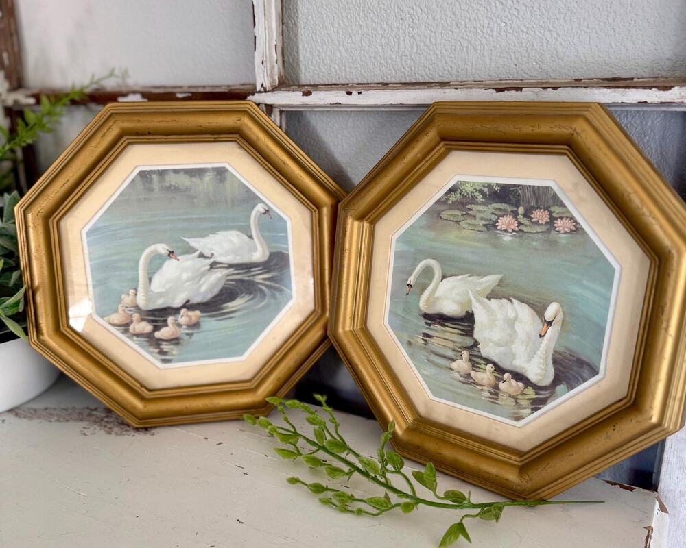 Vintage Homco Swan Wall Art Pair | 1980s Home Interiors Octagon Gold Frames